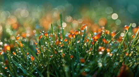 This stunning close-up captures dew drops on green grass blades, featuring vibrant orange accents in a softly blurred background, evoking tranquility.の素材