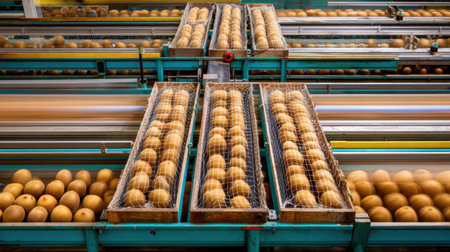 A vibrant fruit packing facility showcasing an efficient arrangement of melons on conveyor belts, ready for market distribution.の素材