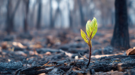 A vibrant green leaf breaks through the dark, charred ground of a burnt forest, representing renewal and hope after devastation.の素材