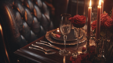 This image showcases an elegant dining setup featuring candles, glassware, and roses, creating a warm and romantic atmosphere perfect for special occasions.の素材