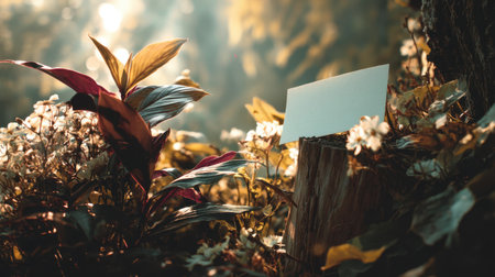 A serene forest scene featuring lush green plants and a blank sign resting on a wooden stump. Soft sunlight filters through, creating an inviting atmosphere. Ideal for nature-themed projects, invitations, or creative expressions.の素材