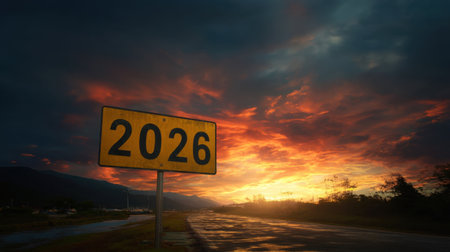A striking road sign displaying the year 2026 stands tall against a captivating sunset backdrop, showcasing vibrant colors and dramatic clouds.の素材