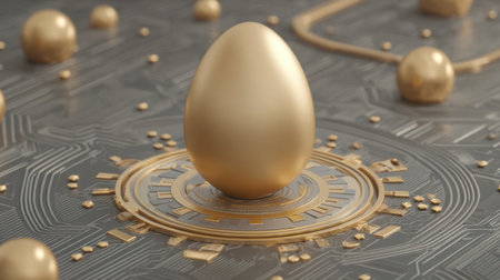 A stunning golden egg sits at the center of a sleek, high-tech circuit board, blending luxury and innovation in a captivating design.の素材
