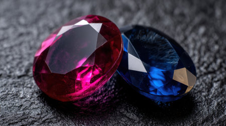 This image showcases exquisite red and blue gemstones with brilliant facets, resting elegantly on a textured dark surface, perfect for stylish designs.の素材