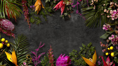 This stunning floral arrangement features tropical flowers and lush greenery set against a rich dark background, perfect for elegant design projects.の素材