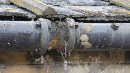 A close-up view of a rusty pipe leaking water under a weathered rooftop, showcasing textures of decay and moss in an urban setting.の素材