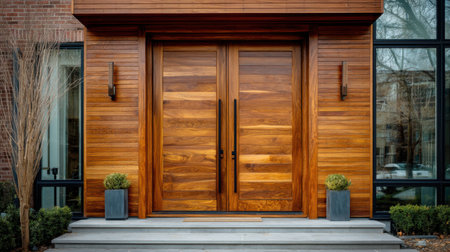 This stunning wooden double door showcases modern design with elegant lines and details, framed by minimalist planters and large windows.の素材