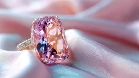 A stunning pink gemstone ring beautifully placed on luxurious pastel satin fabric, showcasing the elegance and captivating charm of fine jewelry design.の素材