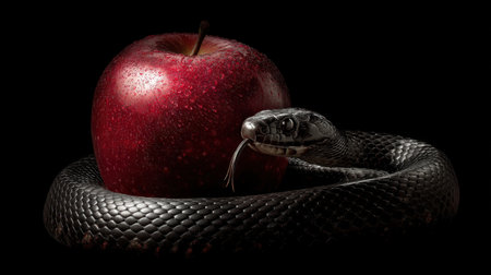 This artistic image features a black serpent coiled intricately around a shiny red apple, symbolizing temptation, danger, and knowledge in a dark environment.の素材