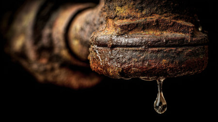 This image features a close-up of a rusty faucet with a single water droplet forming at the tip, set against a dark background. The contrast highlights the texture and decay of the metal, evoking themes of aging plumbing and the beauty in forgotten fixtures.の素材
