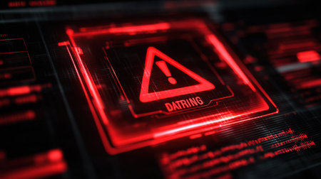 A striking red warning alert displayed on a digital interface, indicating a potential threat in a modern technological environment.の素材
