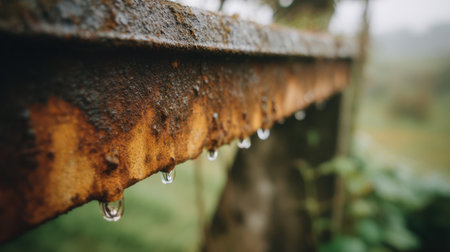 This close-up image features a rusty metal rail adorned with glistening water droplets, set against a foggy green landscape, capturing the essence of decay and nature's beauty.の素材