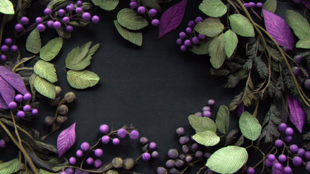 Stunning image showcasing a decorative arrangement of purple berries and green leaves on a dark background. Perfect for nature-themed projects.の素材