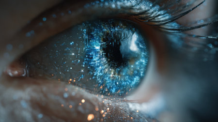 A mesmerizing close-up of an eye featuring digital effects, sparkling particles, and vibrant blue tones, capturing beauty and technology.の素材