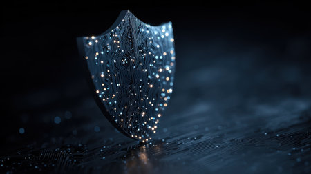 This image showcases a digital shield with intricate circuit patterns, glowing softly in a dark environment, symbolizing cybersecurity and modern technology innovations.の素材