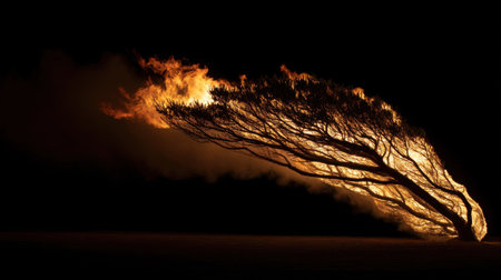 A striking image of a tree consumed by flames, showcasing the powerful interplay of fire and darkness, evoking a sense of urgency and beauty.の素材