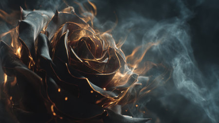 This image features a captivating black rose enveloped in swirling smoke and glowing light, creating an enchanting and mysterious atmosphere.の素材