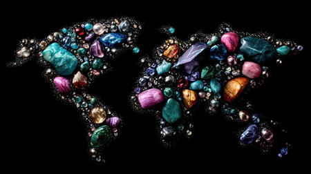 This visually striking image features a collection of colorful gems and stones arranged in the shape of a world map, emphasizing beauty and uniqueness.の素材