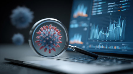 A close-up view of a virus structure displayed through a magnifying glass on a laptop, showcasing data analytics and trends related to health and infection.の素材