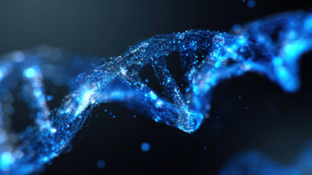 Captivating digital depiction of a DNA helix, showcasing a vibrant blue glow and sparkling particles against a dark backdrop, symbolizing life and innovation.の素材