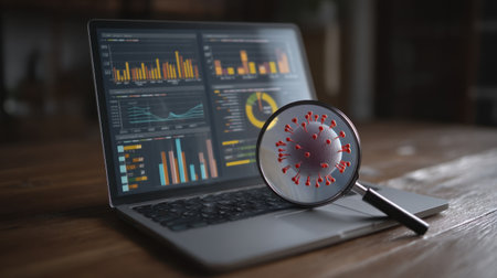 A laptop displays data analytics while a magnifying glass reveals a virus model, emphasizing research and analysis in healthcare technology.の素材
