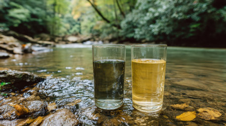 Two glasses filled with contrasting waters sit near a natural stream, surrounded by lush greenery, inviting hydration and tranquility in nature.の素材
