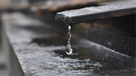 A close-up image of a single water droplet falling from a metal edge, creating ripples on a dark surface in an urban setting.の素材