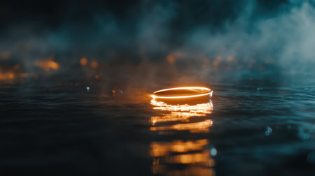 A glowing ring softly illuminates the surface of calm water, surrounded by a mysterious fog. The ethereal ambiance creates a serene and magical atmosphere.の素材
