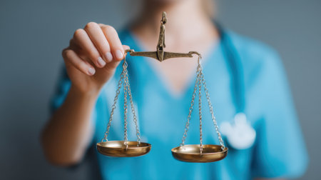 A healthcare professional wearing scrubs holds an ornate scale of justice, illustrating the connection between ethics in medicine and law.の素材
