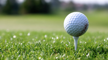 This image showcases a golf ball perched on a tee, surrounded by lush green grass, perfect for representing sports, leisure, and outdoor activities.の素材