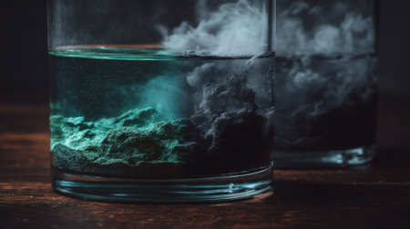 Experience the mesmerizing dance of dark powder swirling in water, creating a dramatic visual with vapor and deep colors in glass jars.の素材