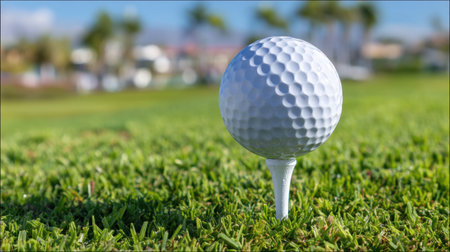 A pristine golf ball perched on a tee awaits its turn for a powerful drive on a vibrant green golf course under bright sunlight.の素材