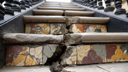 This image captures a close-up view of a cracked staircase adorned with colorful tiles, illustrating the beauty of age and wear in an old structure.の素材