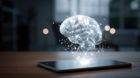 A captivating digital brain hologram floats above a smartphone on a wooden table, showcasing modern technology within a stylish interior setting.の素材