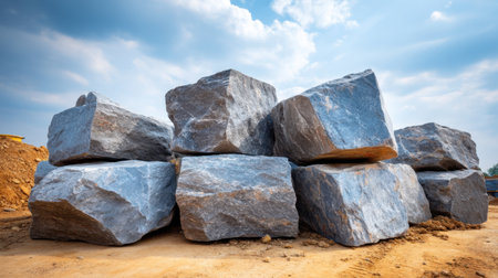 A group of large grey boulders are stacked on sandy soil, showcasing geological beauty at a construction site under a blue sky.の素材