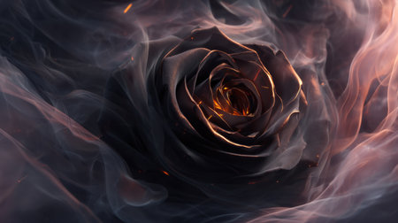 This striking image features a dark rose surrounded by swirling smoke and glowing embers, creating a captivating and ethereal atmosphere.の素材
