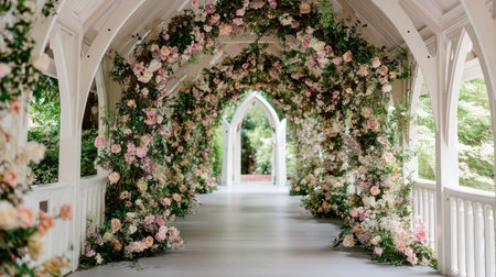 A captivating floral archway creates a stunning pathway in a garden, filled with vibrant blooms and delicate pastel colors, perfect for events.の素材