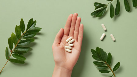 A hand gracefully holds a selection of dietary supplements against a pastel green background, surrounded by lush green leaves, symbolizing health and wellness.の素材