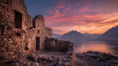 Discover a beautiful scene of ancient stone ruins beside a tranquil lake, framed by stunning mountains and a vibrant sunset sky.の素材