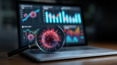 A magnifying glass highlights a virus model, resting above a laptop displaying vibrant data analytics and graphs. This image symbolizes technology's role in scientific research and healthcare.の素材