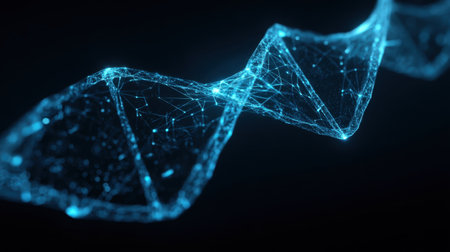 This captivating abstract image features a glowing DNA strand composed of intricate connections and particles, set against a dark background.の素材