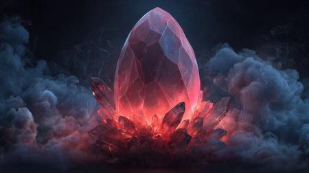 A stunning red crystal egg emerges from an enchanting display of gemstones, set in a mysterious foggy atmosphere, radiating vibrant energy.の素材