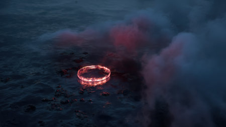 A captivating scene depicting a glowing ring on a shoreline, surrounded by mystical steam and waves, creating a surreal and dreamlike atmosphere.の素材