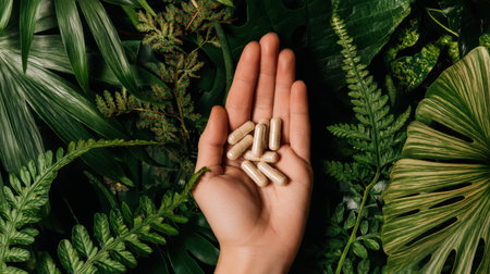 A serene image featuring a hand holding dietary capsules surrounded by lush green leaves, symbolizing health, wellness, and natural living.の素材