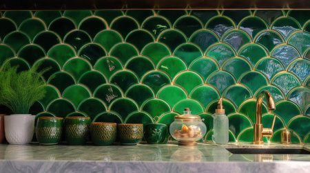 This image showcases a serene kitchen setting featuring a stylish backsplash with green fish scale tiles. A brass faucet complements elegant tableware.の素材