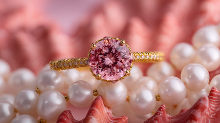 Discover an exquisite gold ring with a stunning pink gemstone, elegantly nestled among lustrous pearls and seashells on a soft pink background.の素材