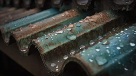 This close-up image showcases water droplets resting on rusty metal roof tiles, emphasizing texture and details in an industrial context.の素材