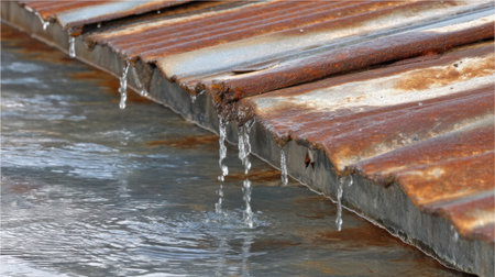 This image features a weathered metal roof with water droplets cascading down into a serene water surface, capturing the essence of tranquility in nature.の素材
