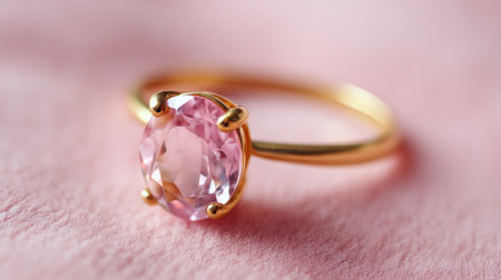 Beautiful pink gemstone ring set in gold, resting on a soft fabric background, ideal for showcasing elegance in jewelry photography.の素材