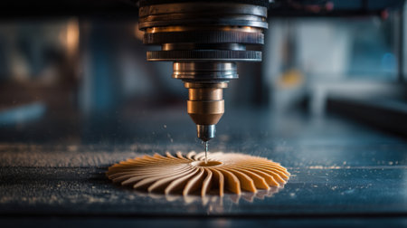 Close-up view of a laser cutting machine precisely carving an intricate wooden design in a workshop, showcasing creativity and craftsmanship.の素材